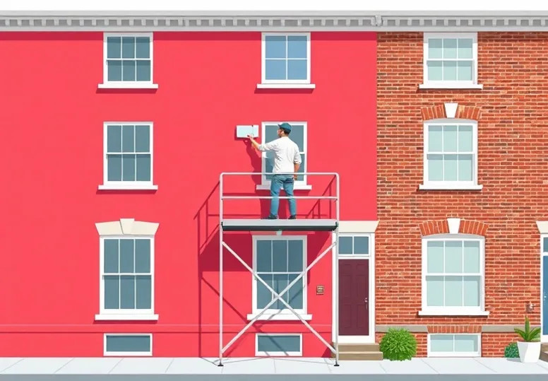 Peintre sur échafaudage traitant la façade d'une maison