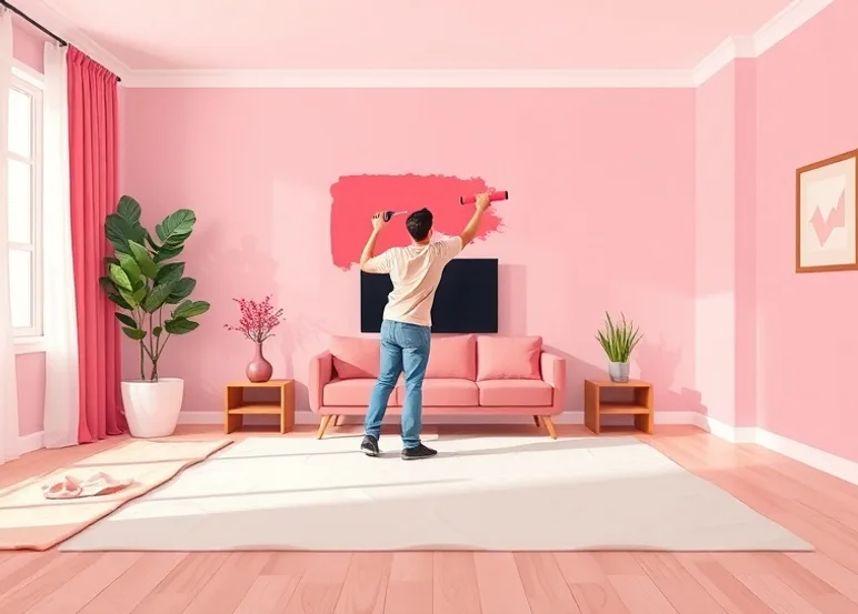 Peintre appliquant la peinture au rouleau sur un mur de salon
